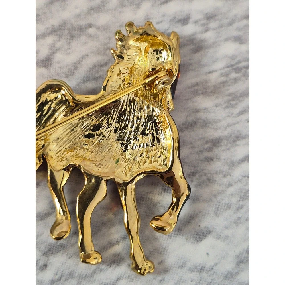 Vintage Enamel Horse Brooch Amber Gold Tone Equestrian Pin Accessory Glossy